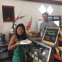 My wife enjoying some of the wonderful biscuits. at Ganita Cafe in Pai