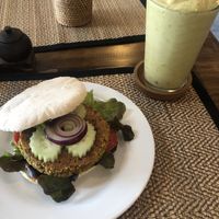 Falafel Burger + Avocado, date, & coconut smoothie at Ganita Cafe in Pai
