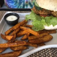 Fake chicken burger at Ganita Cafe in Pai