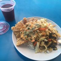 Curry, tofu skin, cabbage and rice with (I think) hibiscus tea drink.  at Vegetarian Stall 47 in Labuan