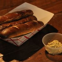 Vegan pretzels with vegan dipping sauce at The Well at the Distillery in Thornton