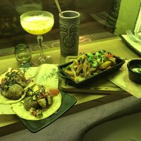 Drinks; Pornstar(left), Zombie(right) - Food; Tofish(left), Gallo Santo Fajitas(right)  at Gallo Santo in Barcelona