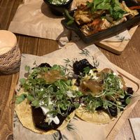 Plantain tacos and chicken fajitas in the back (a must try!) at Gallo Santo in Barcelona