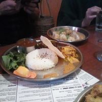 "NE-THALI SET - a big plate of rice, daal, Nepali curry of your choice, seasonal vegetable, saag, tomato achar(chutney) & a poppadum" at Tama in Auckland