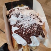 Choc and whipped cream at VeganWaf in Brussels