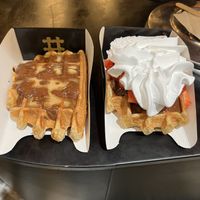 Chocolate with salted caramel and chocolate, strawberry with whipped cream    at VeganWaf in Brussels