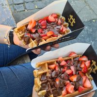 Waffles with chocolate and strawberry toppings at VeganWaf in Brussels