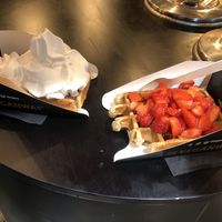 L: chocolate and Chantilly cream R: Liège sauce and strawberries  at VeganWaf in Brussels