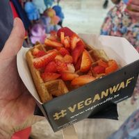 Fresh waffle with fresh strawberry topping. at VeganWaf in Brussels