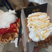 Ice cream&strawberries, whipped cream&salty caramel at VeganWaf in Brussels