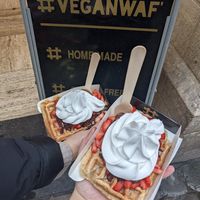 Chocolate sauce, strawberries, and Chantilly! #Veganuary at VeganWaf in Brussels