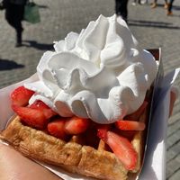 Waffle with whipped cream and strawberries   at VeganWaf in Brussels