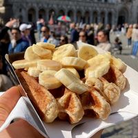 Waffles with salted caramel syrup and banana   at VeganWaf in Brussels