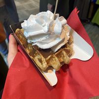 Waffle with chocolate sauce and chantilly  at VeganWaf in Brussels