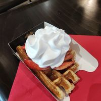 Waffle with caramel, strawberries and cream at VeganWaf in Brussels
