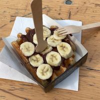 Waffle with chopped banana and chocolate sauce.  at VeganWaf in Brussels