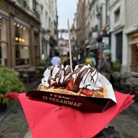 Toppings: chocolate, chantilly, strawberriess  at VeganWaf in Brussels
