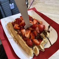Vegan waffle with chocolate and strawberry (you can specify in which order you’d like them)  at VeganWaf in Brussels