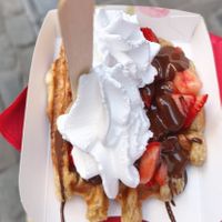 Strawberry, chocolate and whipped cream at VeganWaf in Brussels