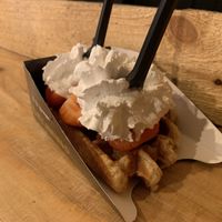 Waffle with strawberries and whipped cream  at VeganWaf in Brussels