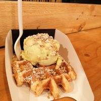 Vegan waffle with vegan pistachio ice cream at VeganWaf in Brussels