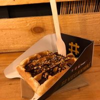 Waffle with chocolate sauce and hazelnuts at VeganWaf in Brussels