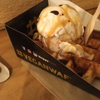 Waffle with caramel sauce and Ferrero Rocher ice cream at VeganWaf in Brussels