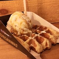 Vegan waffle with caramel sauce, salty peanut ice cream and caramel sauce. at VeganWaf in Brussels