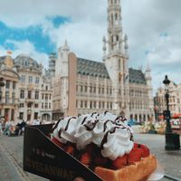 Waffel with strawberries, chocolate sauce and whipped cream!  at VeganWaf in Brussels