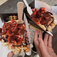 Vegan waffle topped with chocolate and strawberries. at VeganWaf in Brussels