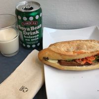 Tofu sandwich with mushrooms, carrots, onions and soya drink. at Banh Mi Saigon in Paris