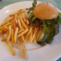 Vegan burger with french fries at The Garden in Koh Lanta