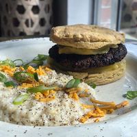 sukhastylebr
Smoked Mushroom Maple Sausage & Cheese Biscuit served with Cheese Grits 
ALL MADE IN HOUSE
Fresh biscuits, Sausage in house made at Sukha Cafe in Baton Rouge