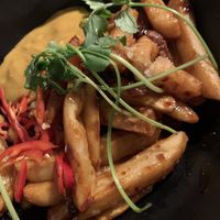Korean style quorn pieces with chips, added side of curry saucee  at The Forty Foot in Dun Laoghaire