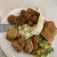 Curry, cauliflower wings, fried rice, honey chickn, broccoli bake, croissant with tuna n mayo! (All from buffet) at Loving Hut in Northbridge