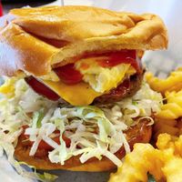 Bacon egg cheese burger and fries  at Vegans Are Us in Vineland