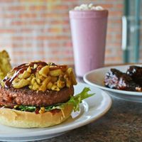 Beyond Beast Mac w BBQ drummettes, collards, cake, smoothie at Vegans Are Us in Vineland