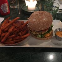 Hot veganburger. Really good, and good size! Did order sweet potato fries on the side, but the burger was so big I could not finish. Vegan chipotlemajo with the fries. at Graffi Grill in Tromsoe
