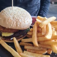 Beet Burger with beer battered onion rings at GG Bistro in Christchurch