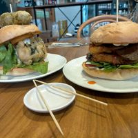 Fysh burger and chicken burger with bacon and hash brown at GG Bistro in Christchurch