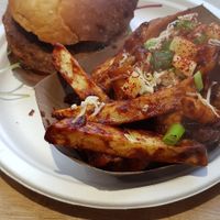 Loaded chips with wings sauce and the veginity burget at Pretend in Dublin