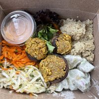Cashew cheese stuffed mushrooms, stir fried quinoa, salad, potato salad  at Speedy Redemption in St Thomas