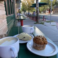 Oat milk lattes, vegan bran muffin and vegan cranberry orange scone  at Macy's European Coffeehouse in Flagstaff