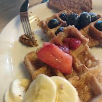 Vegan Waffle with Berries and Vegan Sausage at Macy's European Coffeehouse in Flagstaff