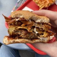 Smoky Carolina BBQ burger (with  added bacon)  at Halo Burger in South West London