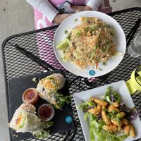 Filipino plate, spring rolls, and shrimp appetizer  at Vegan Plate in Roseville