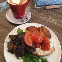 Mushrooms,  potato rosti, tomato,  vegan feta,  toast, spinach. at Mareesa's in Belgrave