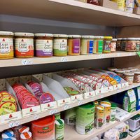 V labels for vegan at Drogerie im Schwamendingerhuus in Zurich