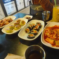 Left to right: soy chicken, Mandu, kimbap, ttbk at Maru JaYeonSik Kimbap in Seoul