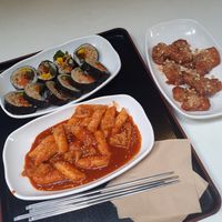 Teokbokki + fried tofu gimbab + vegan chicken at Maru JaYeonSik Kimbap in Seoul